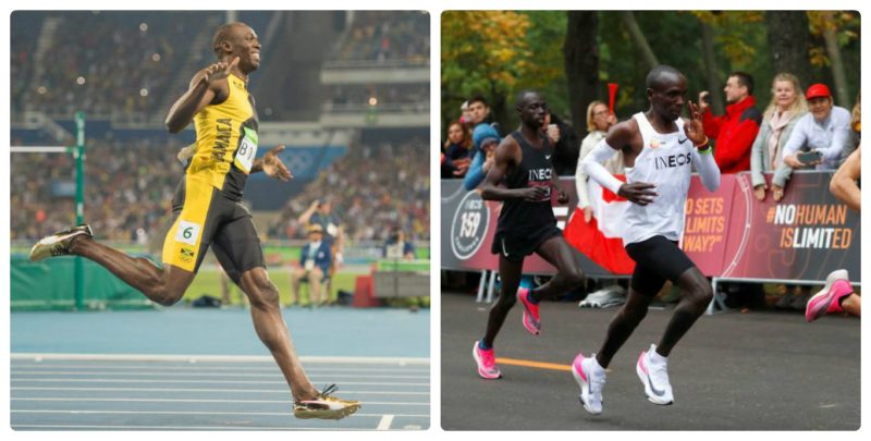 van dong vien chay bo Usain Bolt va Uliud Kipchoge van dong vien chay bo Usain Bolt va Uliud Kipchoge